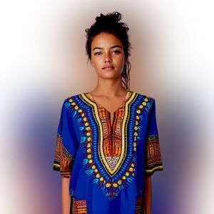 Unbranded blue red gold tribal print blouse size LG front patch pockets cotton